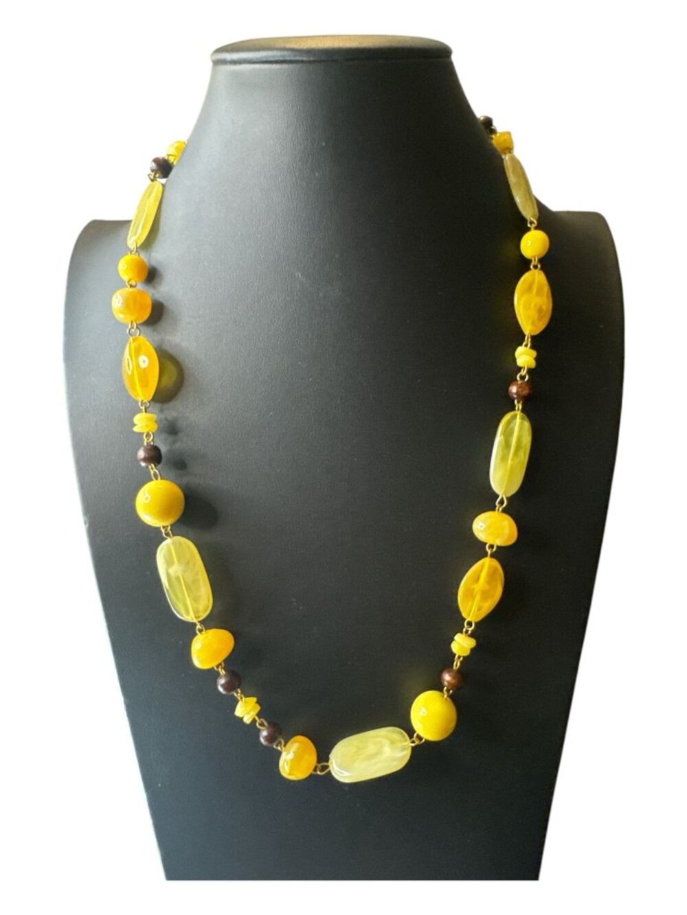 Yellow & Brown Beaded Necklace With Oval & Round Resin Beads Lightweight Handcra
